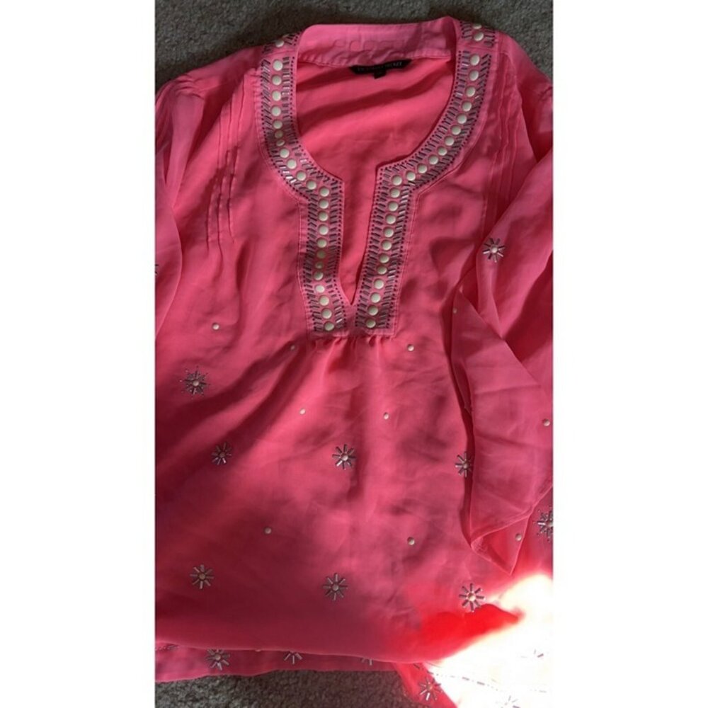 Vintage Victoria's Secret Blouse Beach Cover Top Button Hot Pink Tunic Bling Lg